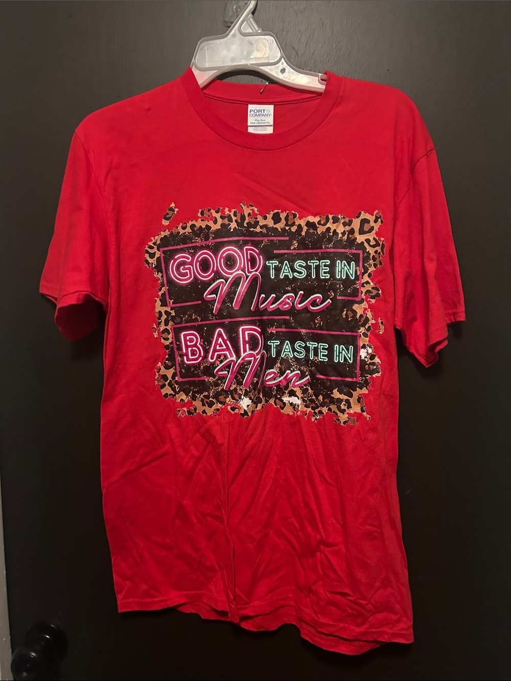 Port and Company Red Short Sleeve Tee with Neon Leopard Graphic